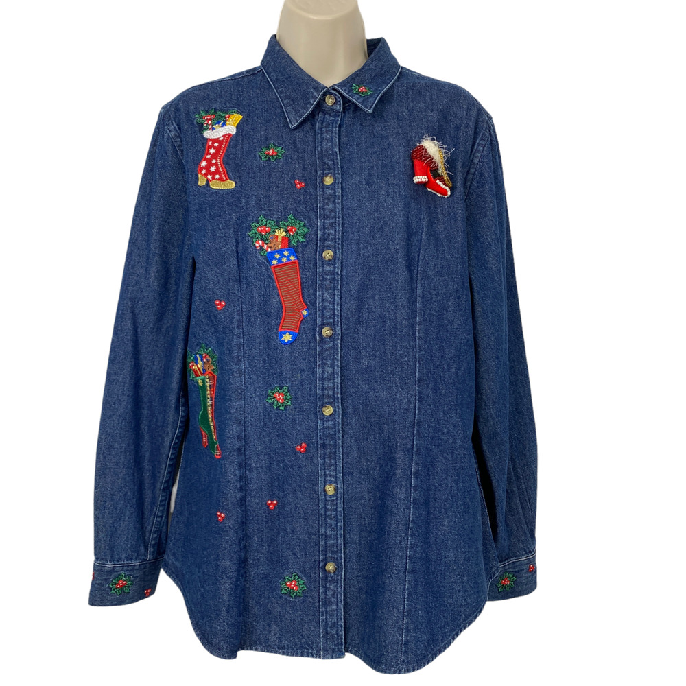 VTG Christmas Denim Shirt Womens Large Embroidered Button Up Westbound Country